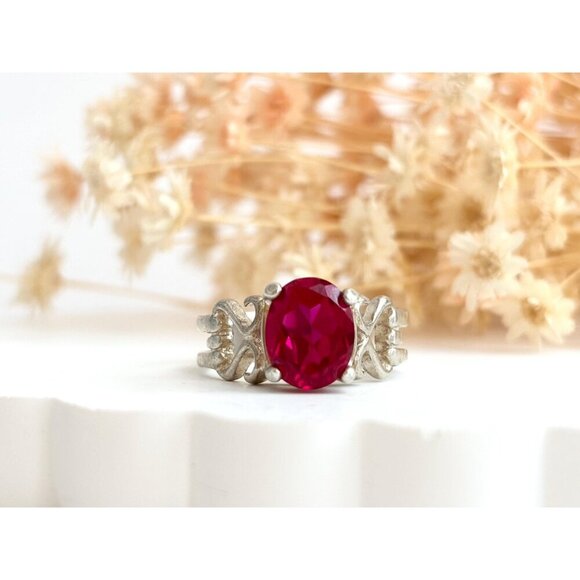 Modernist Ruby Gemstone Cutout Geometric Sterling Silver Vintage Ring - sz 8 - Picture 10 of 10